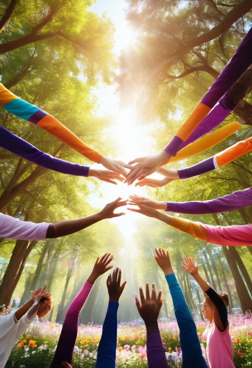 A vibrant community gathering symbolizing hope and support, featuring young cancer survivors sharing stories in an outdoor setting with colorful banners representing unity. Include elements like a support circle, intertwined hands, and blooming flowers to symbolize growth and resilience. Bright sunlight filtering through trees, with an emphasis on warmth and connection. super-realistic. vibrant colors. soft focus.