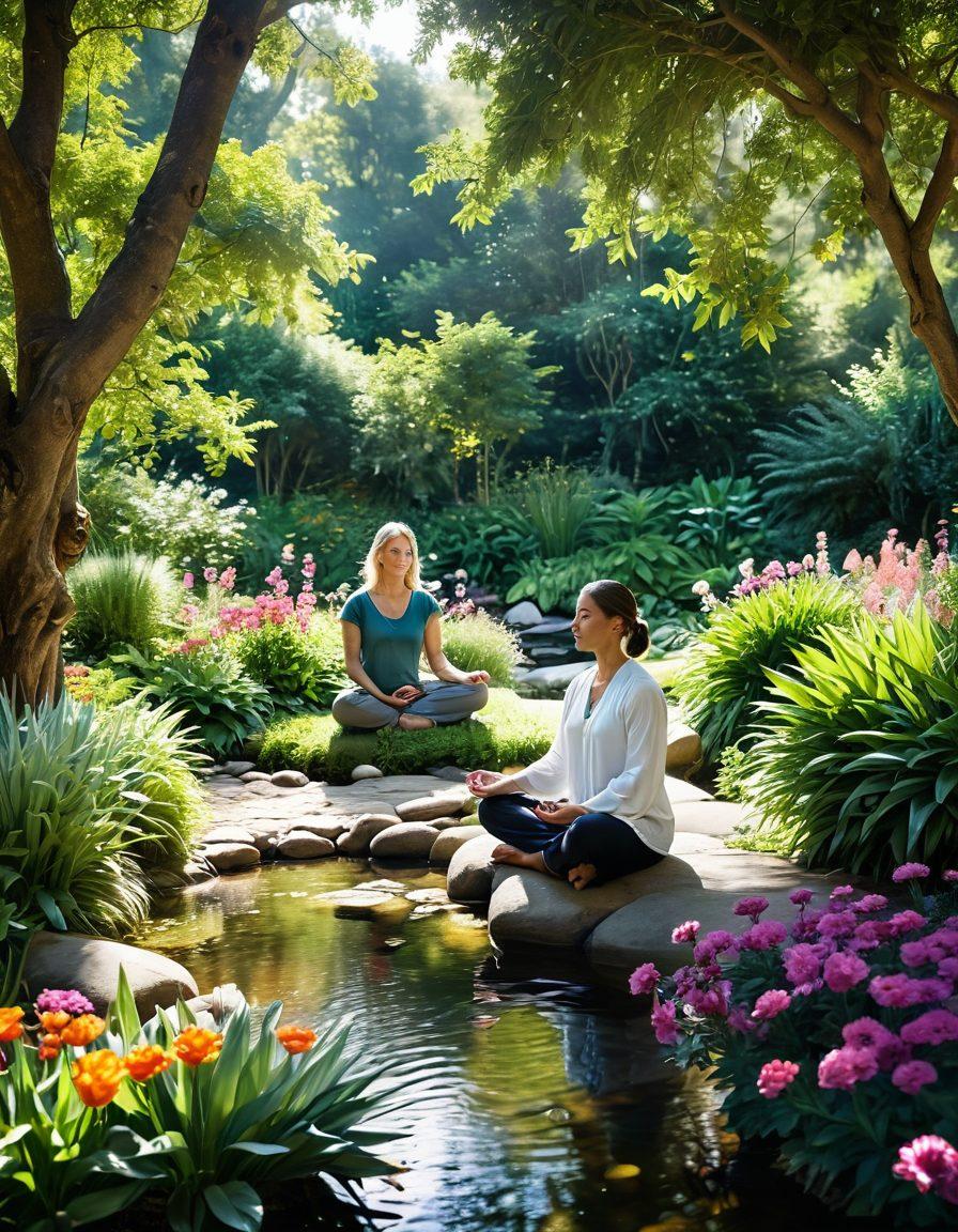A serene landscape showcasing a person meditating in a lush green garden, surrounded by colorful flowers and a gentle stream. Soft rays of sunlight filter through the trees, symbolizing healing and tranquility. In the background, images of nutritious foods like fruits, vegetables, and herbal teas are artfully arranged, representing nourishment. Incorporate calming colors and gentle textures that evoke a sense of peace and well-being. vibrant colors. super-realistic.