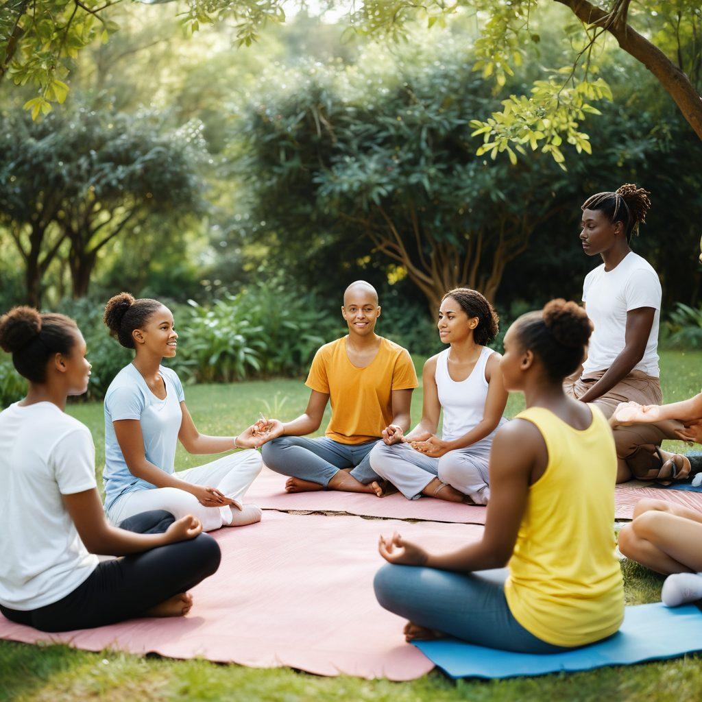 A compassionate scene depicting a diverse group of young adults engaging in a supportive discussion about cancer awareness, seated in a serene outdoor environment. Incorporate elements symbolizing holistic health, such as herbal plants and mindfulness tools like yoga mats. Utilize bright and warm colors to convey hope and empowerment, with a soft-focus background of nature to enhance the feeling of community. super-realistic. vibrant colors. soft-focus.